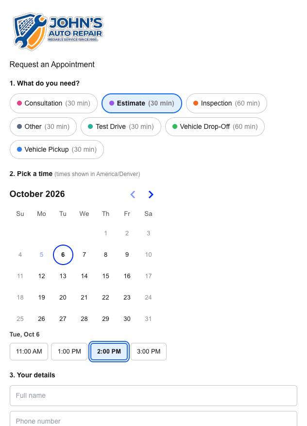 Customer Booking Page