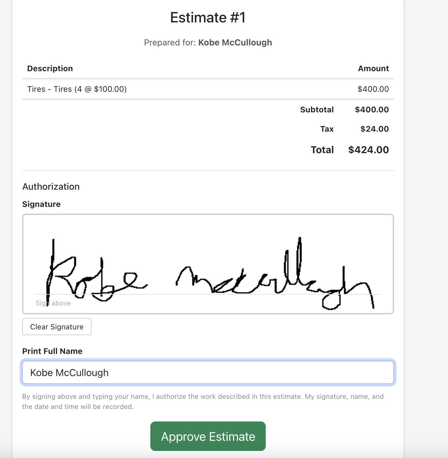 Estimate with e-signature approval