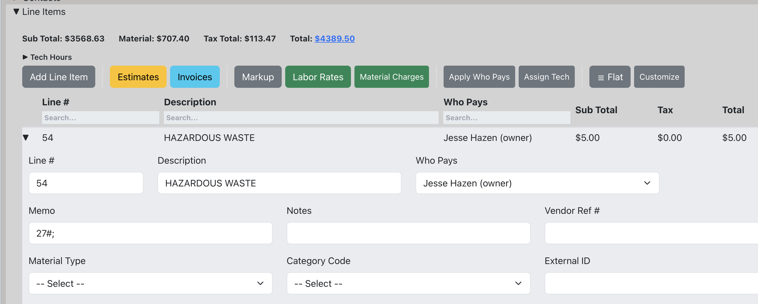 Line items with parts and labor