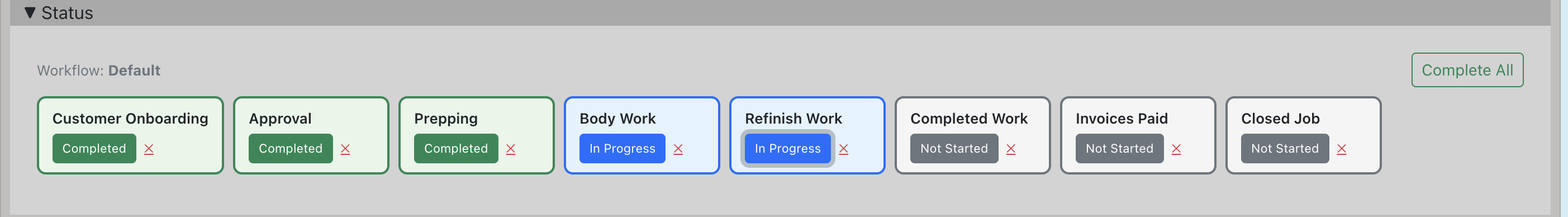 Shop workflow status cards